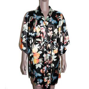 Black Floral Satin Robe Womens Loungewear Sleepwear Size Medium‎